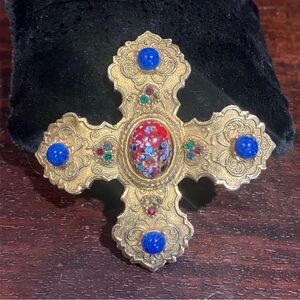 Vintage Accessocraft NYC Rhinestone Millefiori Glass Maltese Cross Large Brooch